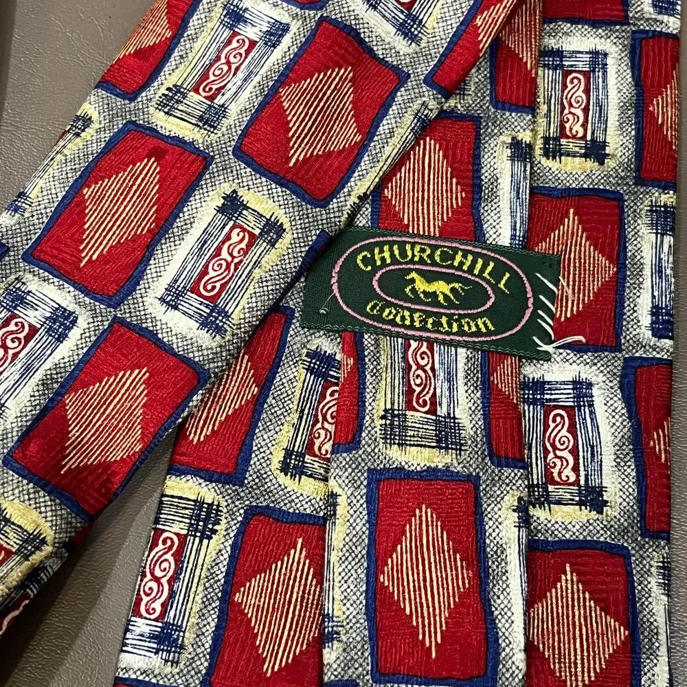 Churchill Collection Vintage Geometric Diamond Pattern Silk Tie‎ Red White Blue